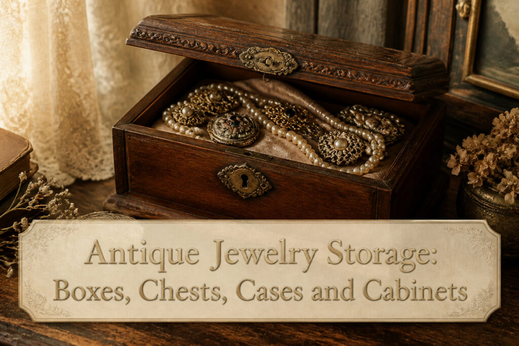 Various antique jewelry storage boxes, chests, and cabinets arranged together.