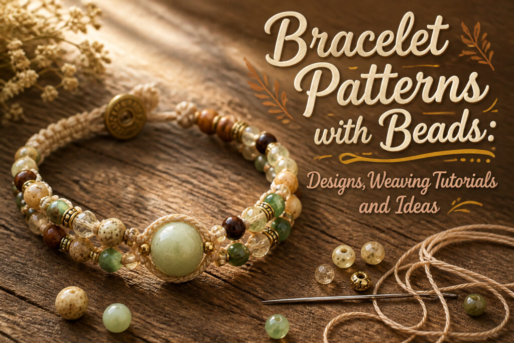 Various bead bracelets displayed on a textured wooden surface.