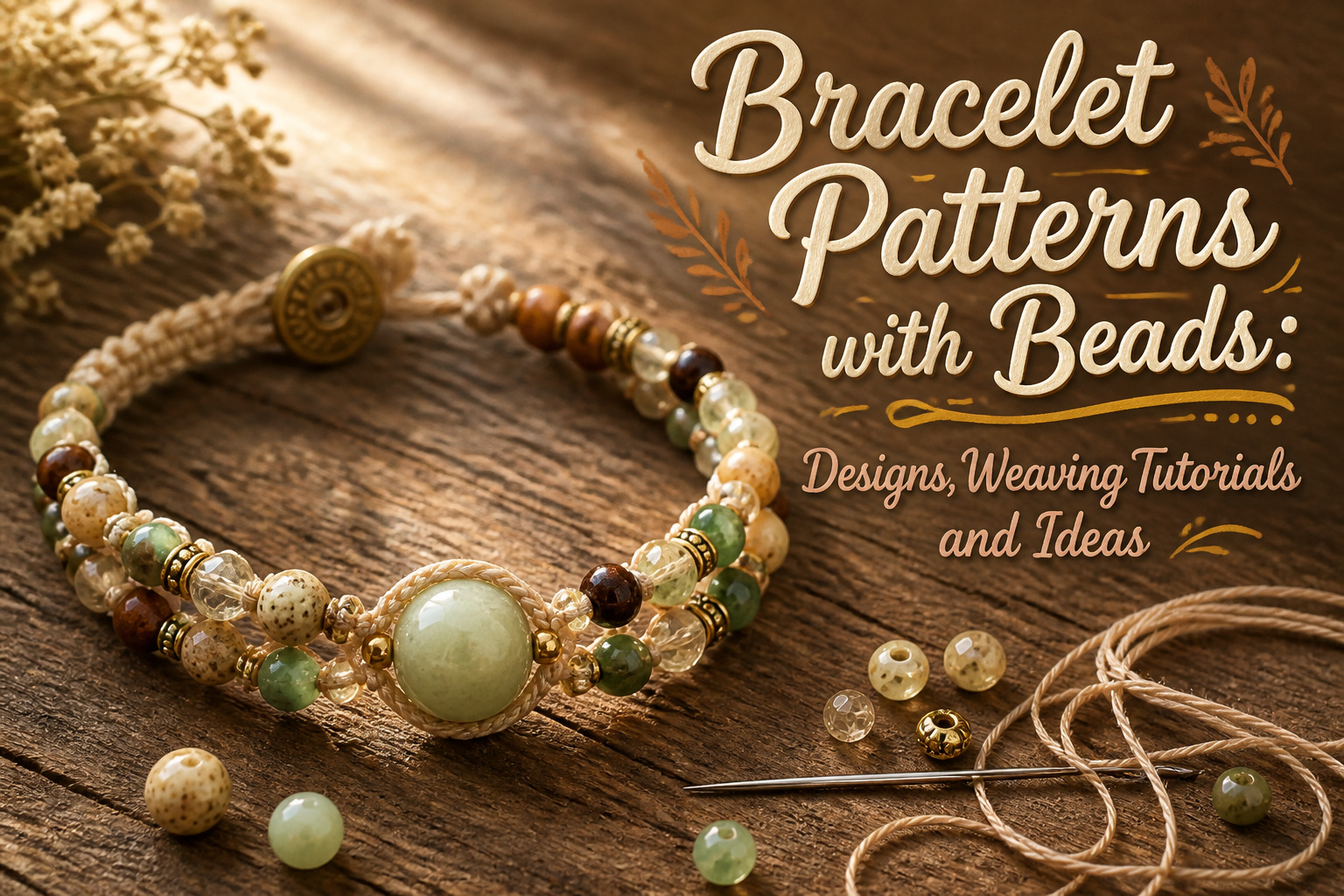 Various bead bracelets displayed on a textured wooden surface.