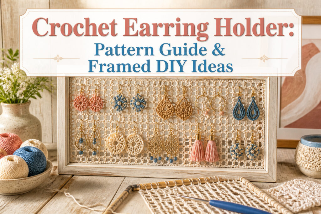 Crochet earring holder displayed in a vintage frame with intricate design.