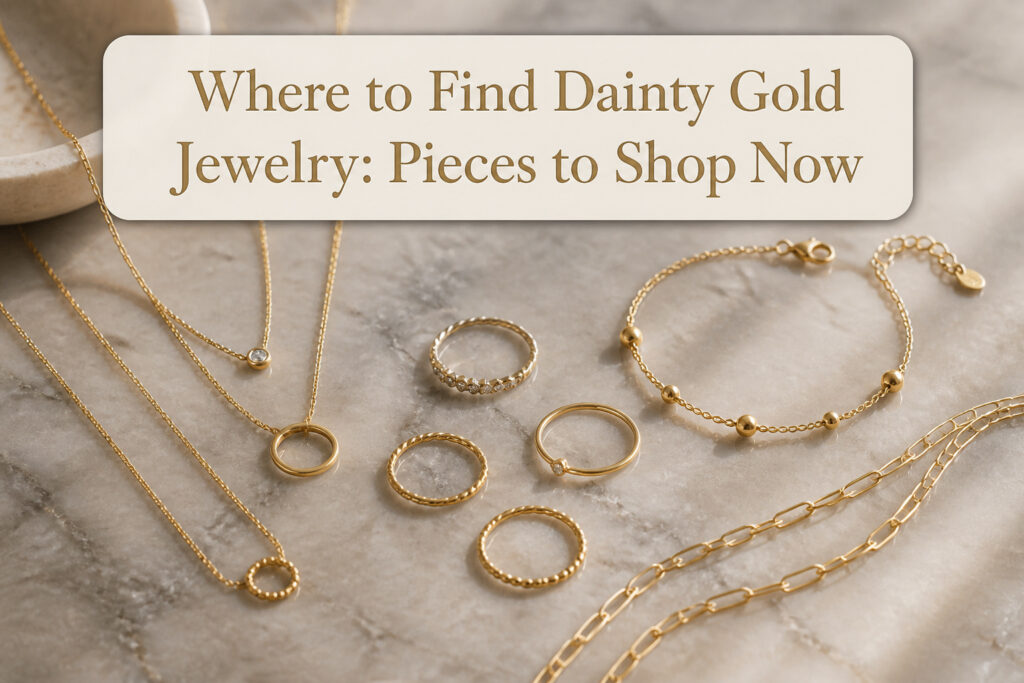 Various dainty gold jewelry items displayed together.