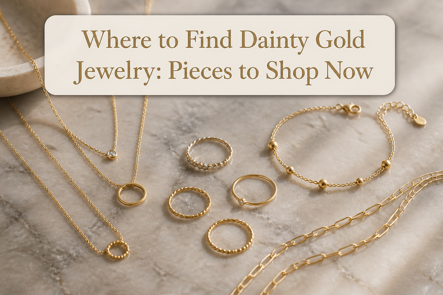 Various dainty gold jewelry items displayed together.