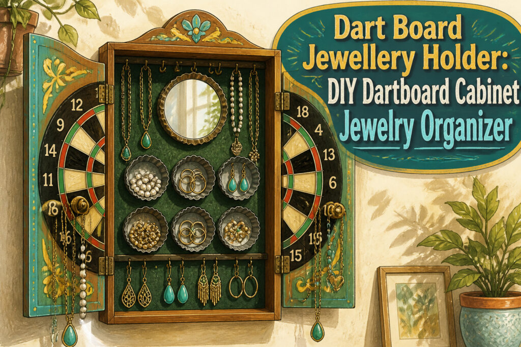 A dartboard cabinet with jewelry storage and decorative hardware.