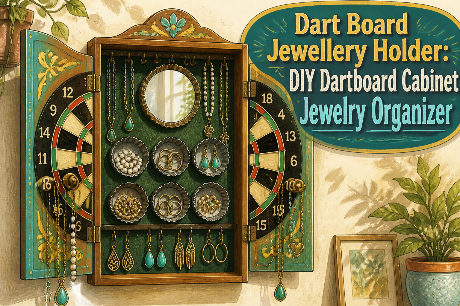 A dartboard cabinet with jewelry storage and decorative hardware.