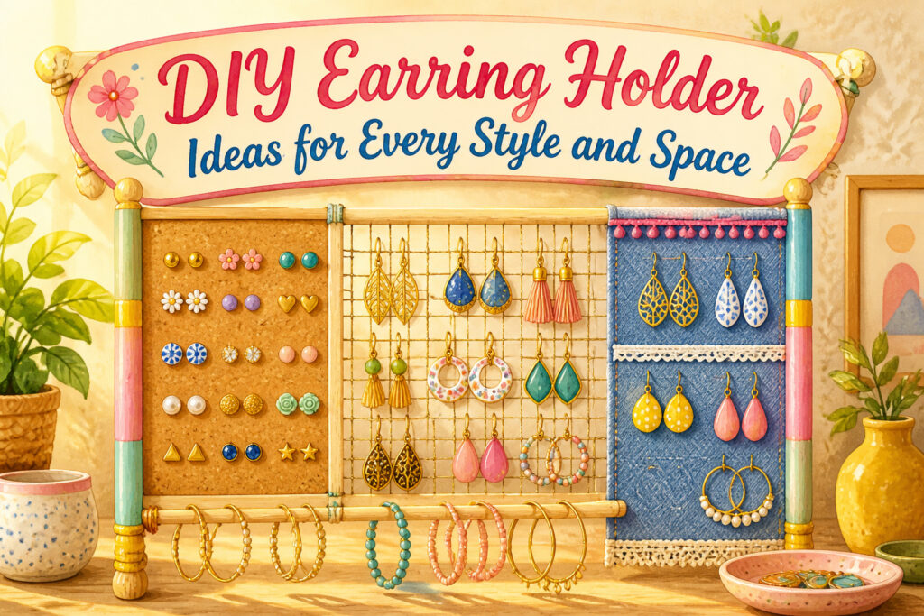 Various DIY earring holders arranged together in a visually appealing layout.