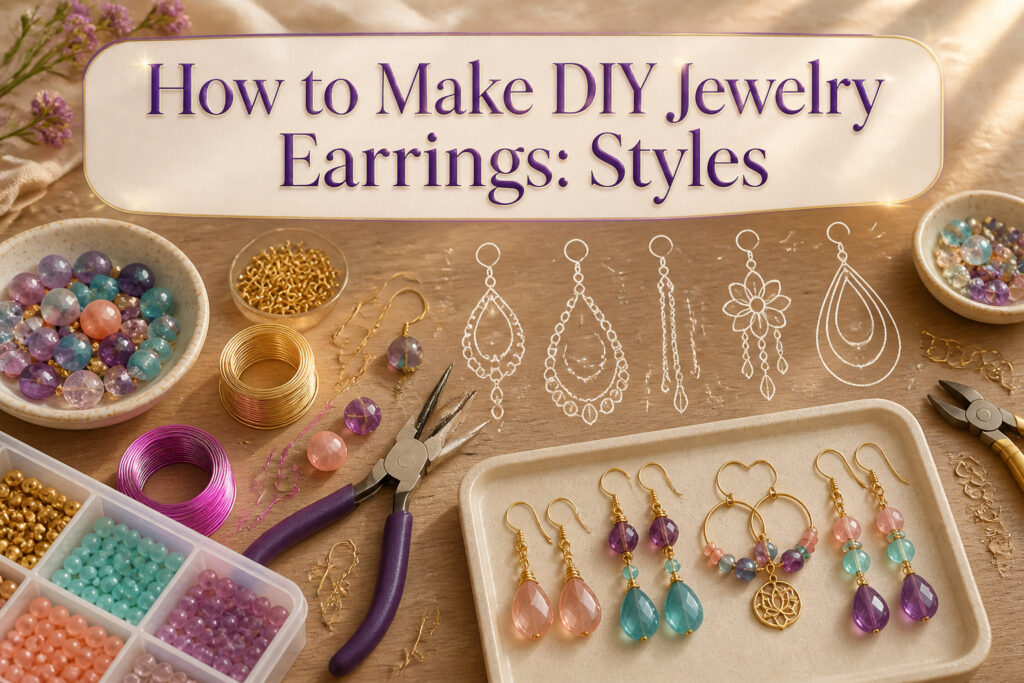A well-lit workshop with tools and colorful beads for making earrings.
