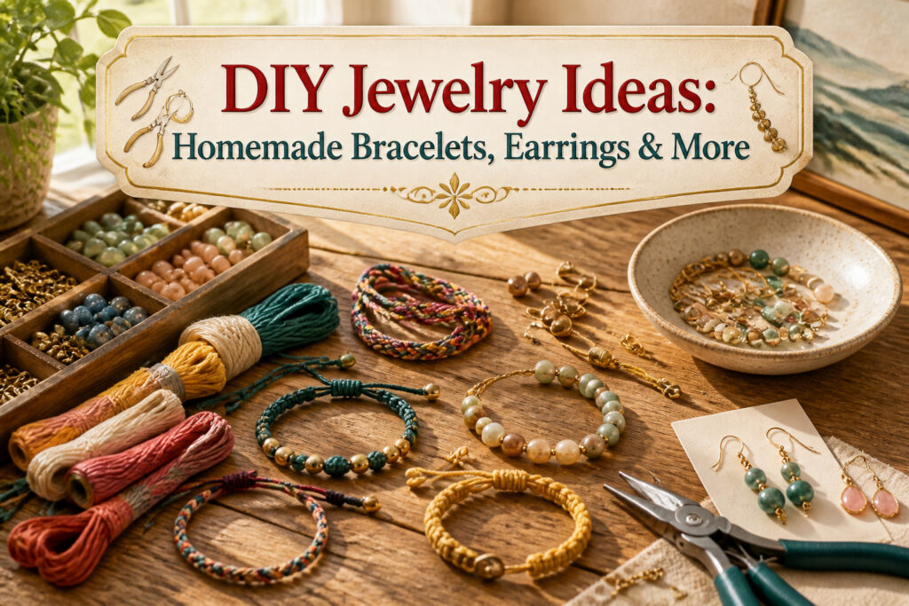 Various pieces of DIY jewelry displayed on a wooden table.