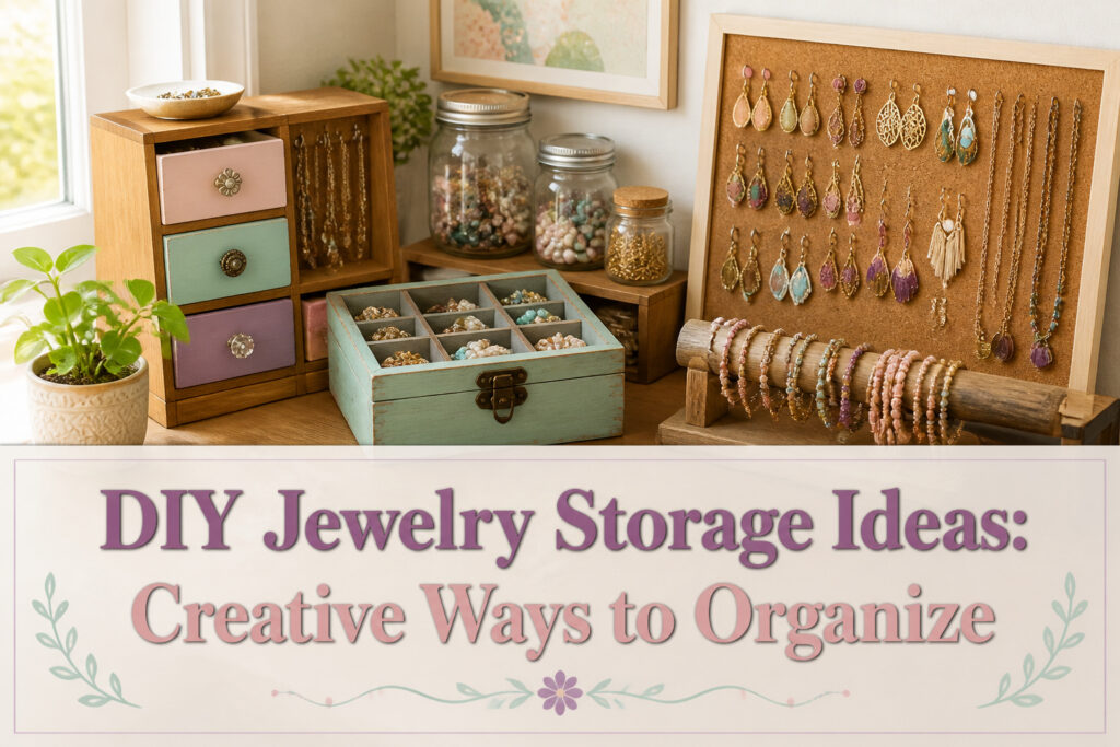 Various creative DIY jewelry storage solutions displayed together.