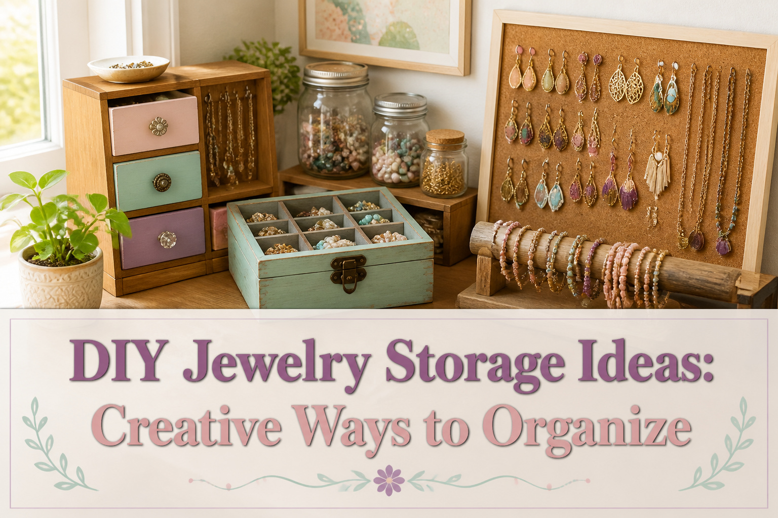 Various creative DIY jewelry storage solutions displayed together.