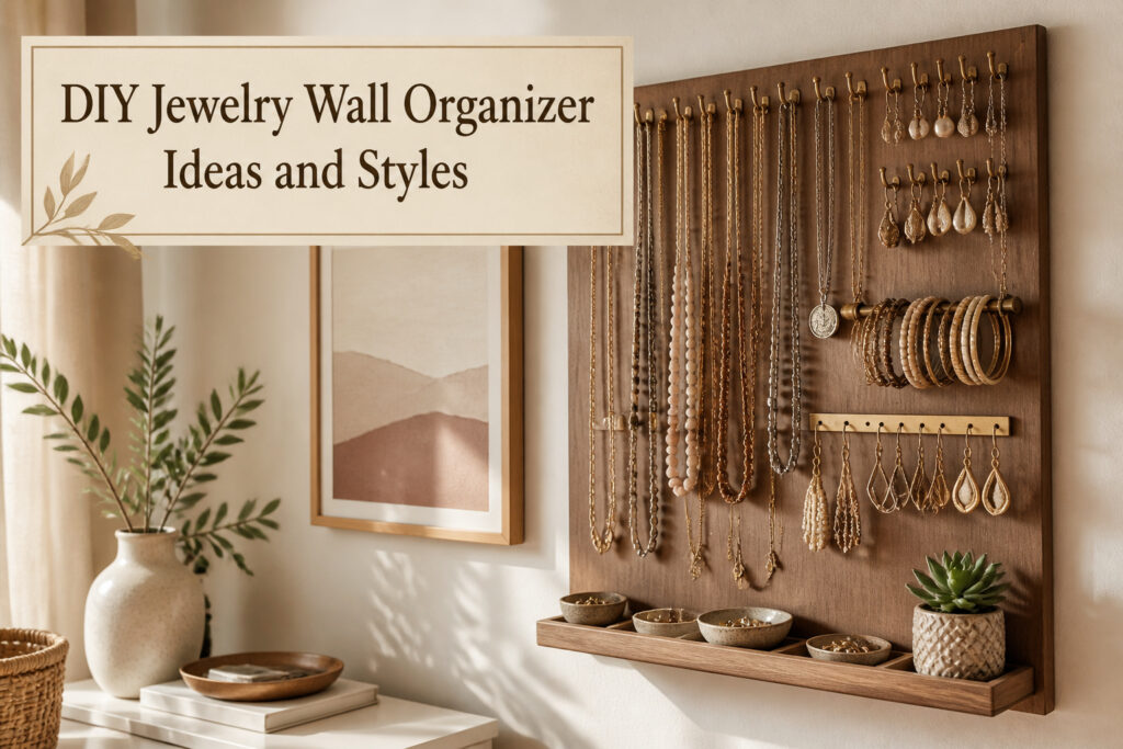 A decorative wall organizer for jewelry combining art and storage.