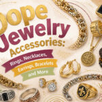 Various unique jewelry accessories arranged on a smooth surface.
