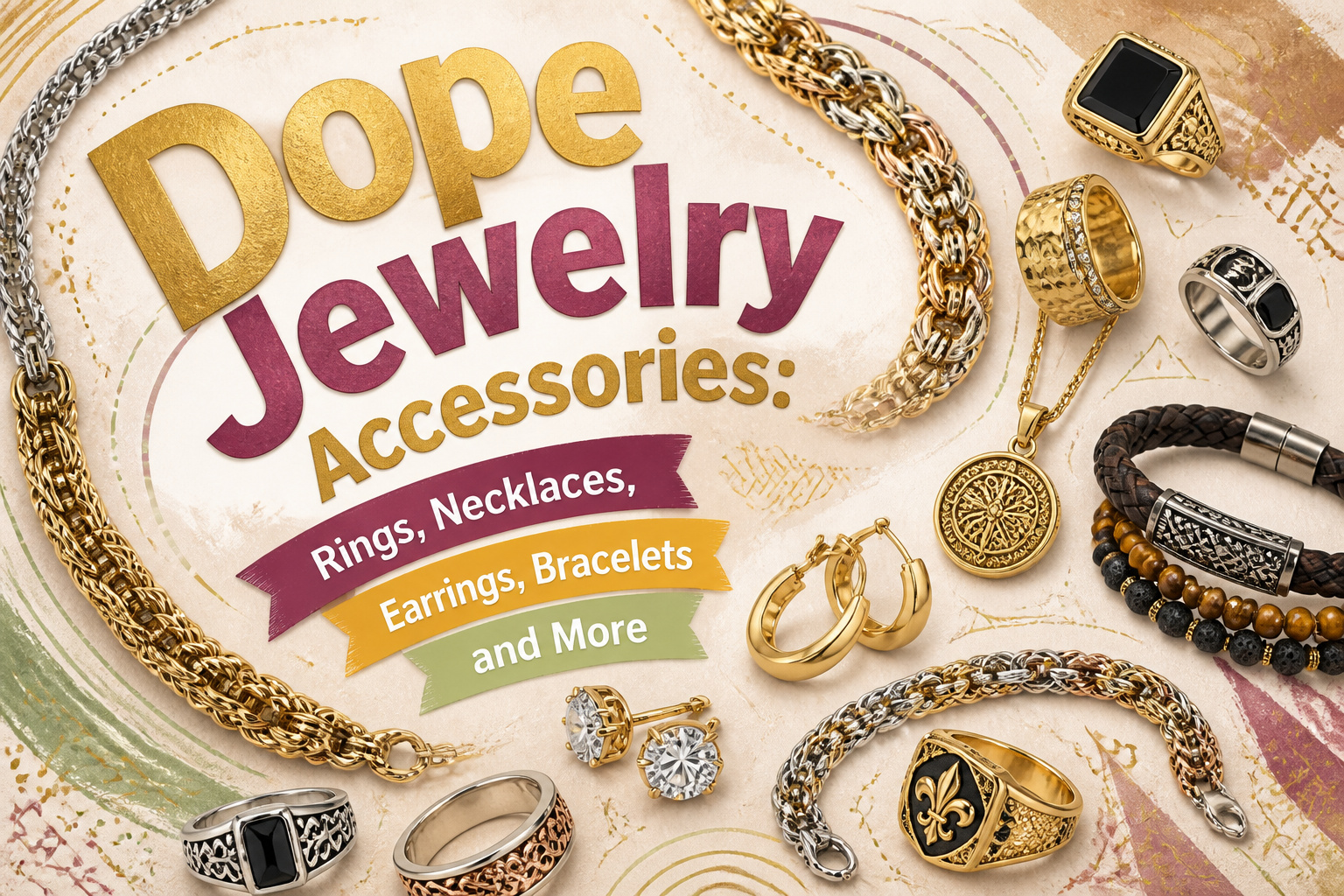 Various unique jewelry accessories arranged on a smooth surface.
