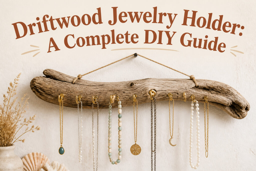 Driftwood, cup hooks, rope, drill, measuring tape, and cleaning tools.