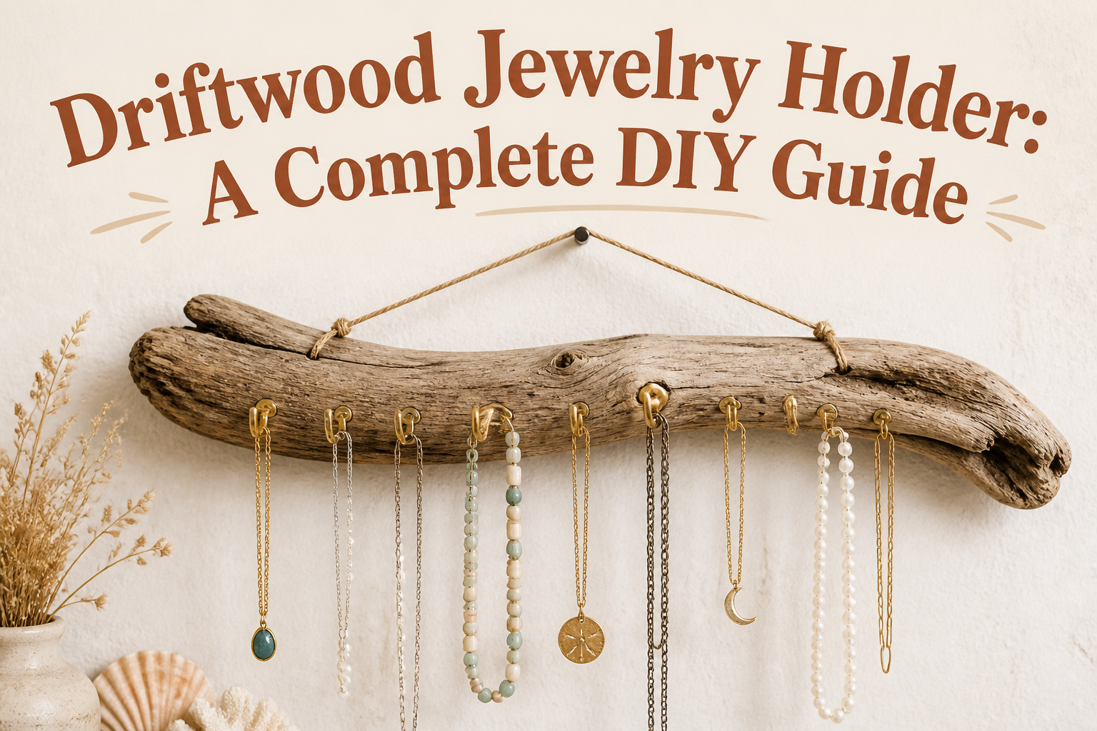 Driftwood, cup hooks, rope, drill, measuring tape, and cleaning tools.
