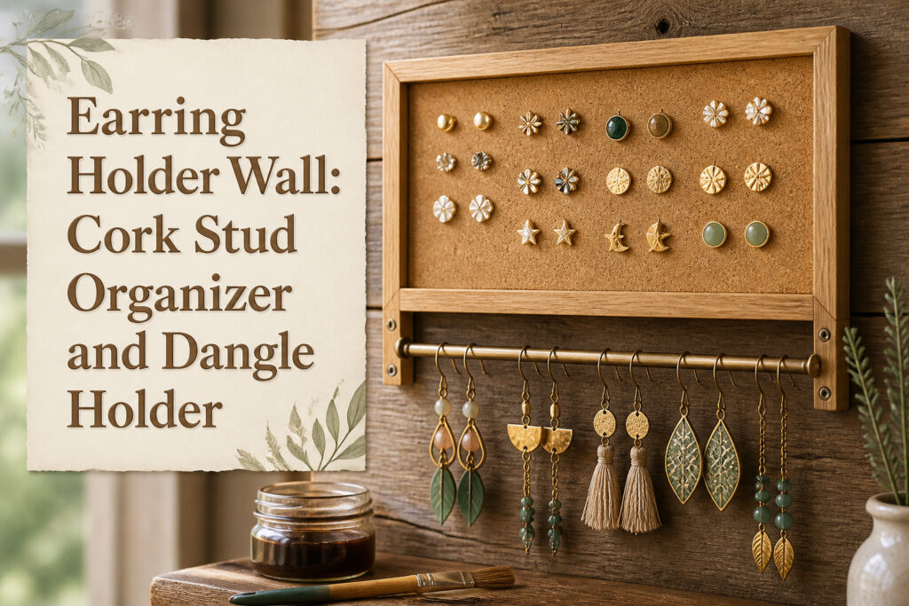 Earring holder wall featuring cork and wood construction.