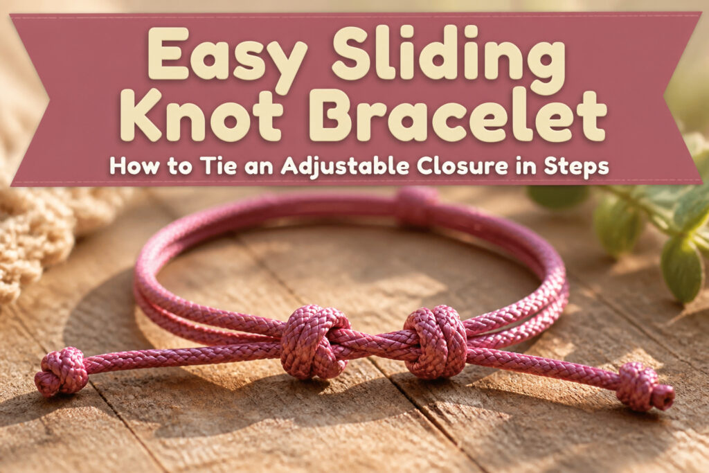 A sliding knot bracelet made from jute cord on a wooden surface.