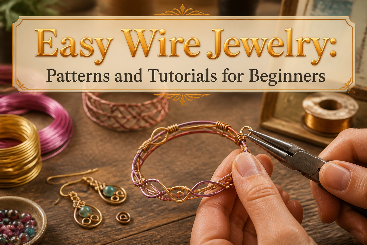 Various wire jewelry pieces displayed on a table.