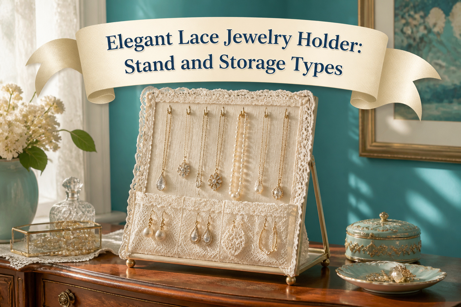 Elegant lace jewelry holder showcasing necklaces and earrings in a stylish arrangement.