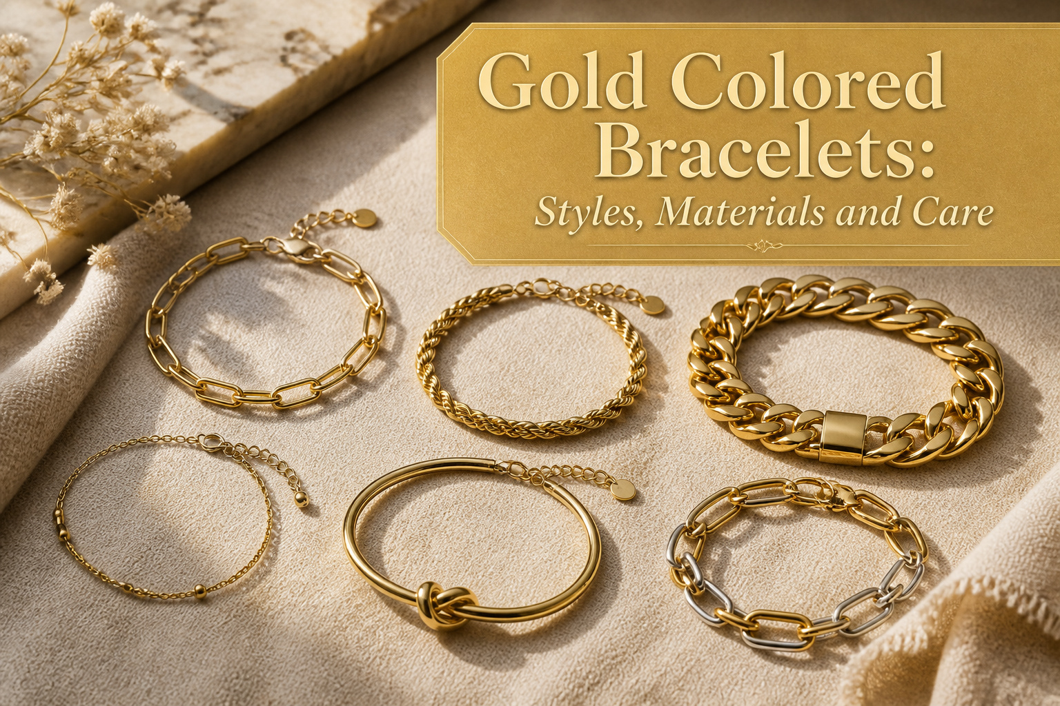 A collection of gold-colored bracelets in various styles on a textured surface.