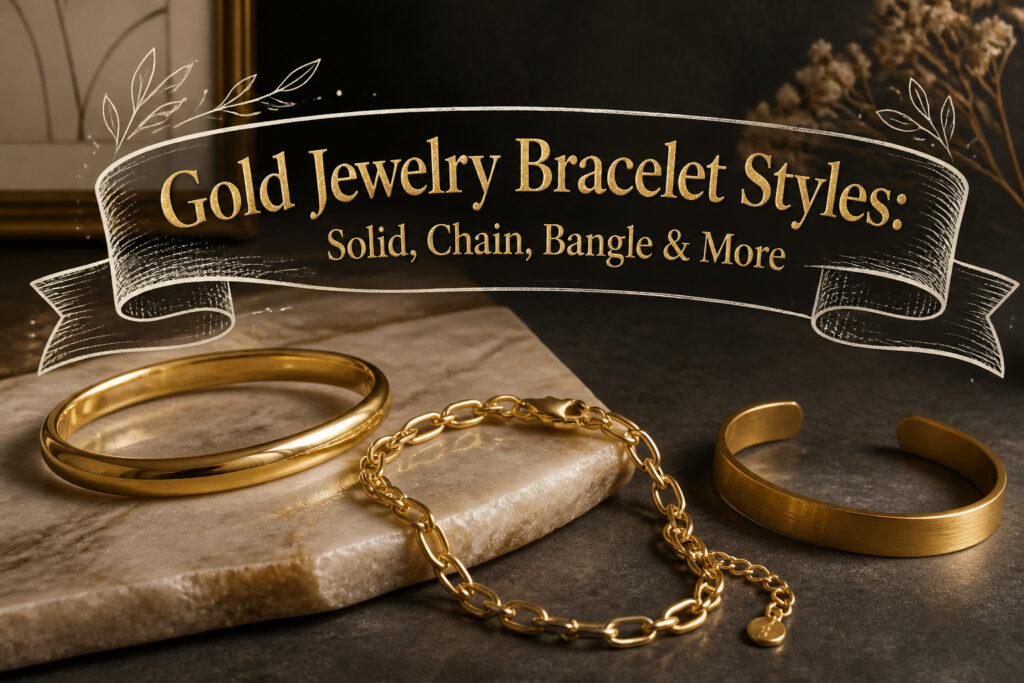 Various styles of gold bracelets displayed together.