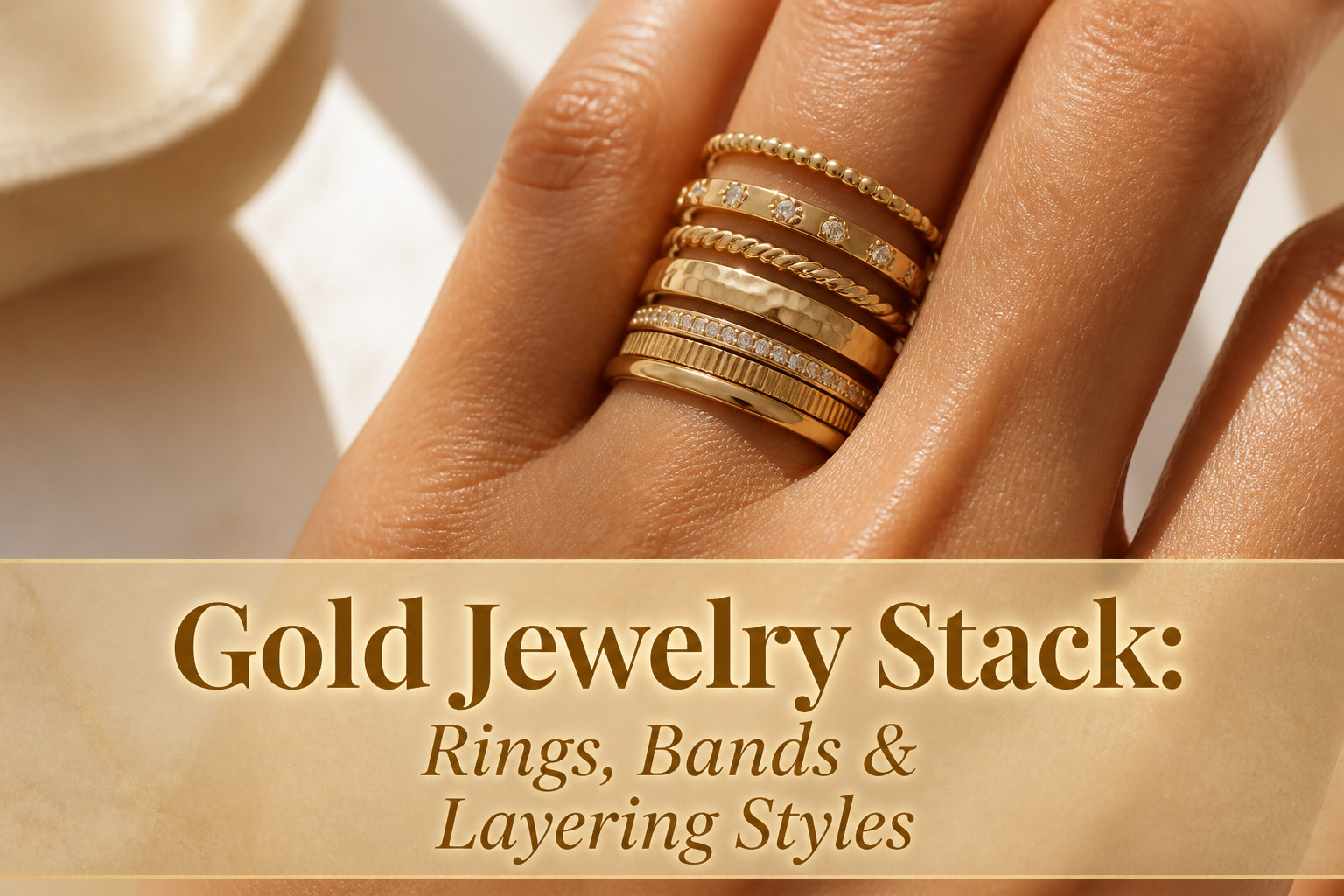 Various gold rings stacked on a wooden surface.