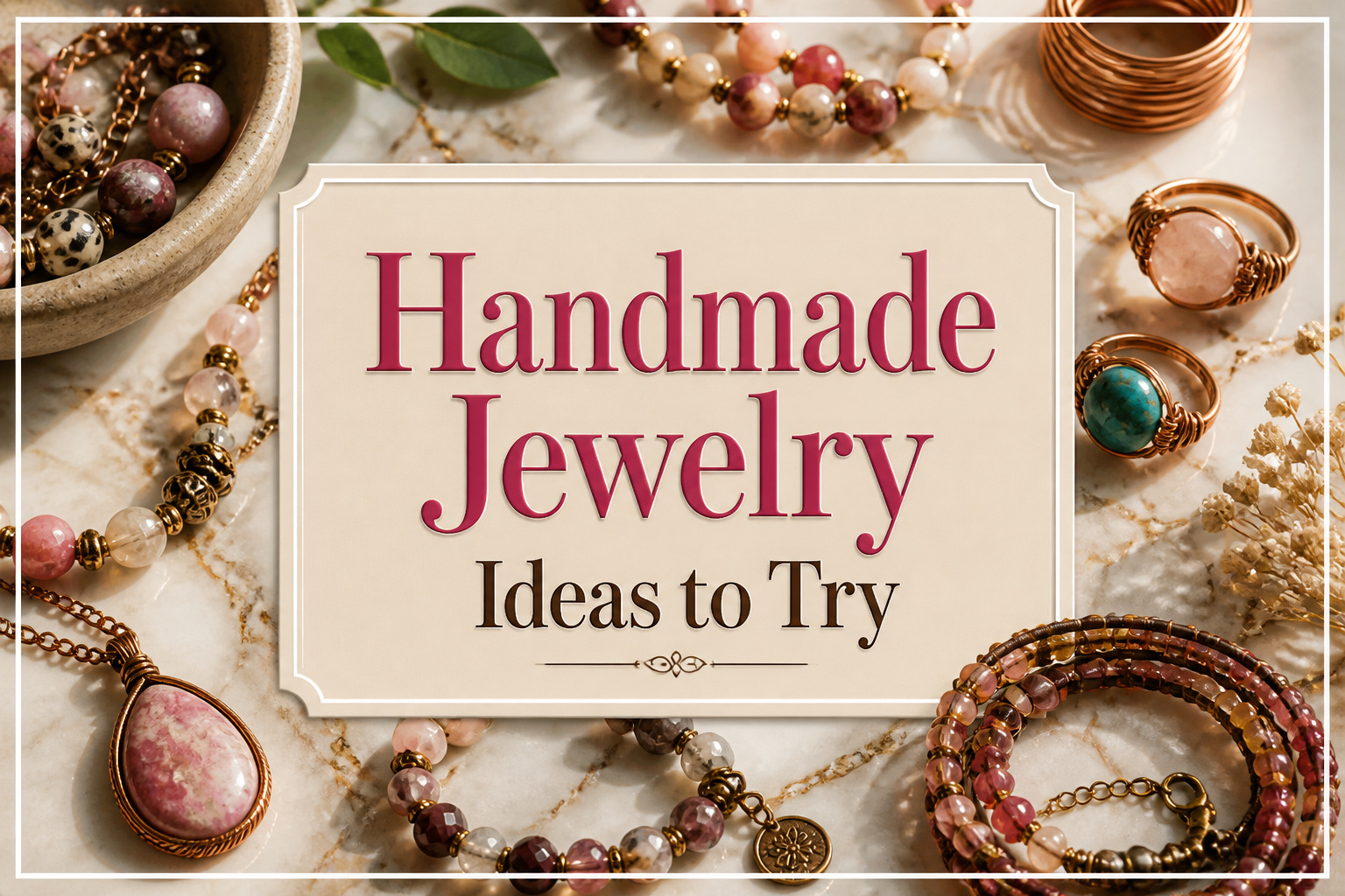 Various handmade jewelry pieces displayed on a work surface.
