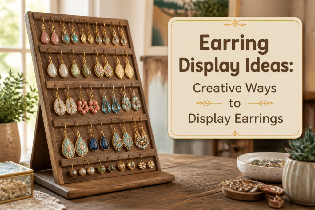 A collection of various creative earring display ideas arranged together.