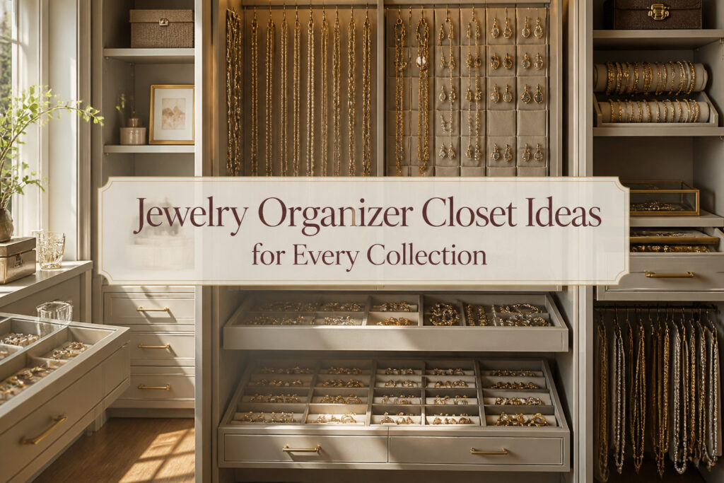 An organized jewelry closet featuring different storage options and jewelry pieces.