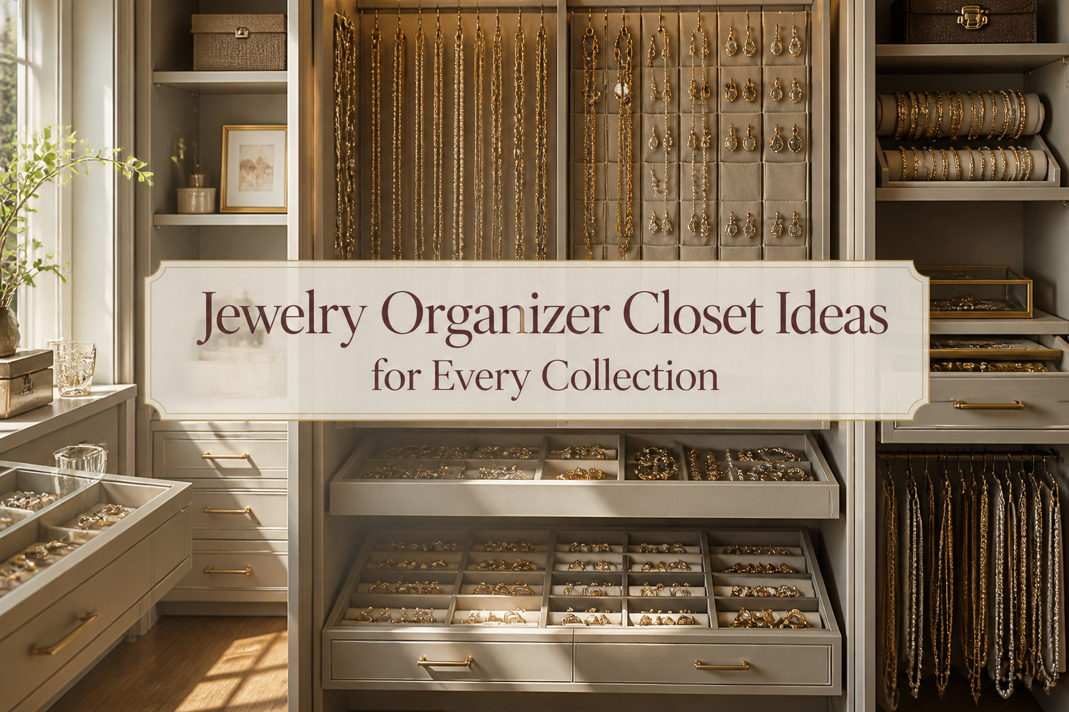 An organized jewelry closet featuring different storage options and jewelry pieces.