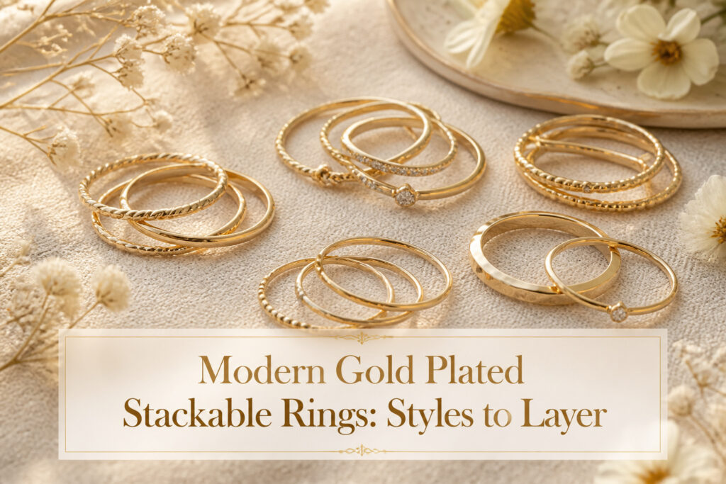 A set of gold plated stackable rings on a textured marble background.