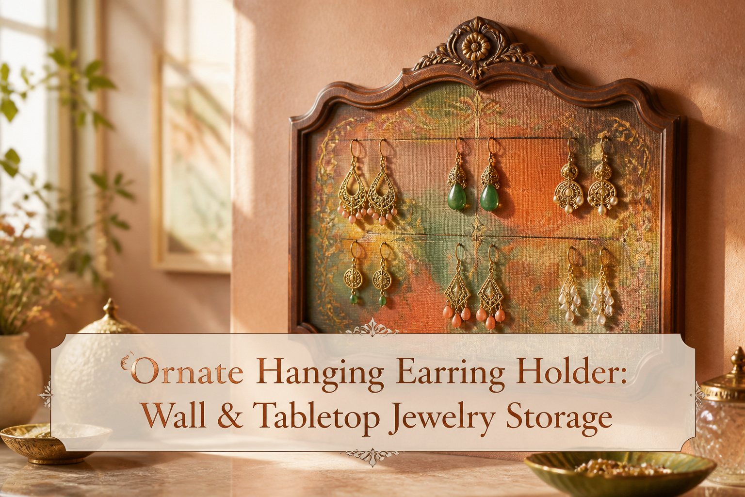 Ornate hanging earring holder with a colorful hand-painted design.