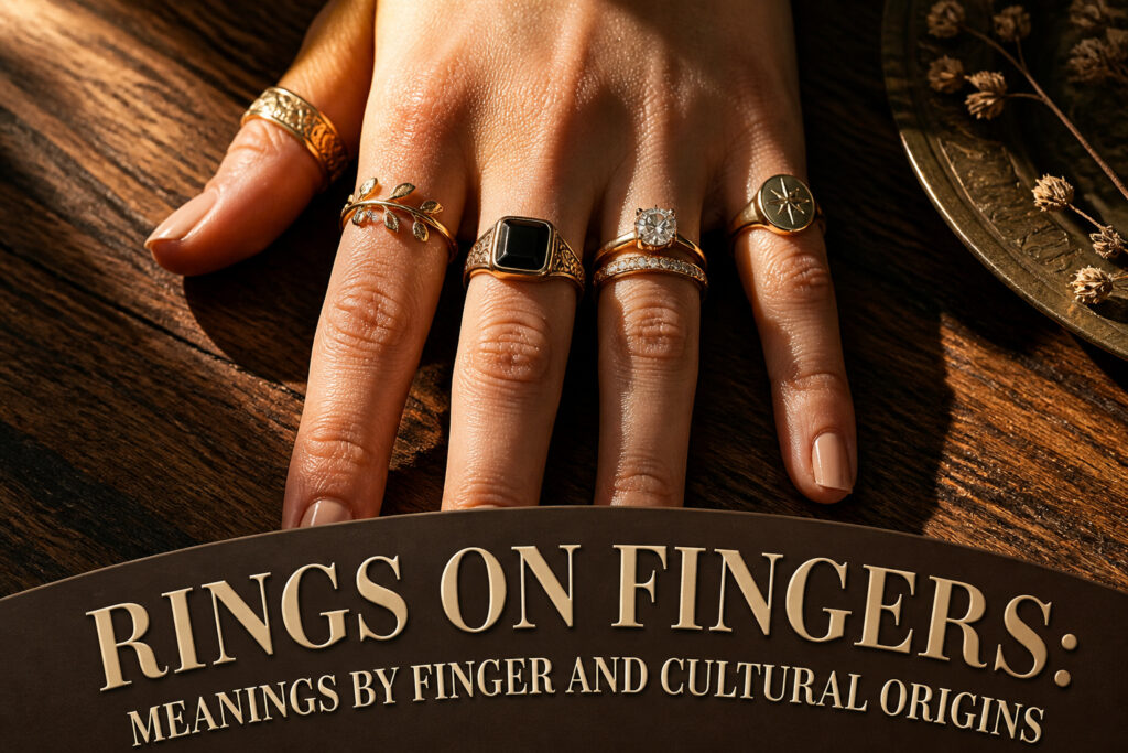 Different rings worn on fingers, showcasing various styles and placements.