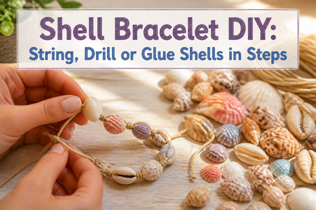 Colorful elastic stretch cord and seashells on a wooden workbench.