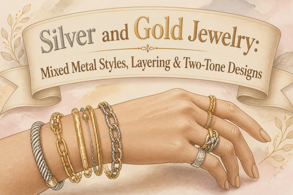 Various pieces of silver and gold jewelry displayed together.
