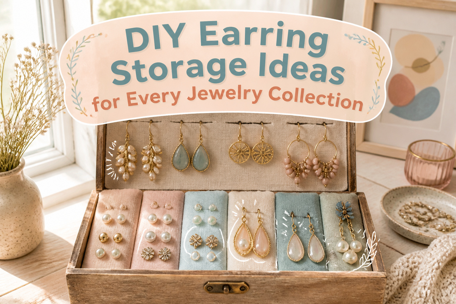 Various DIY earring storage ideas shown, including frames and organizers.