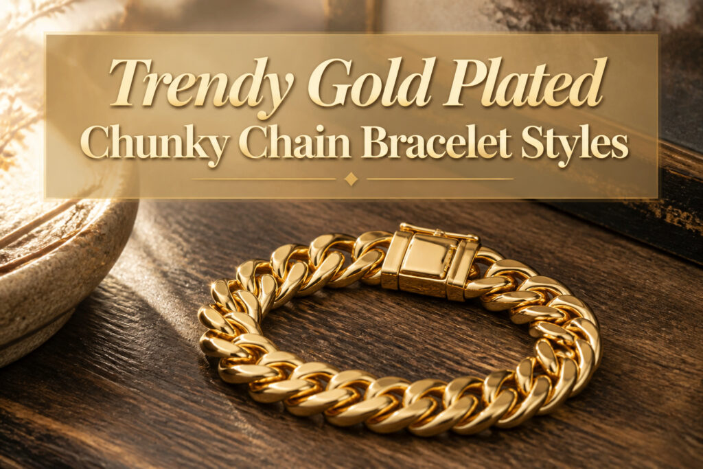 Various trendy gold plated chunky chain bracelets displayed together.
