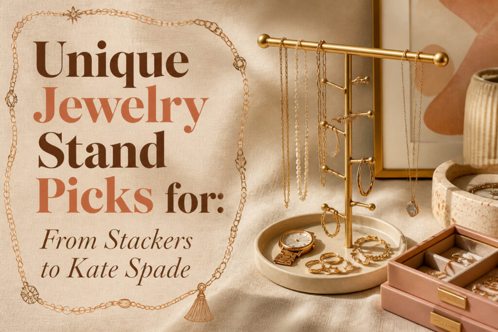 A collection of various unique jewelry stands displayed together.