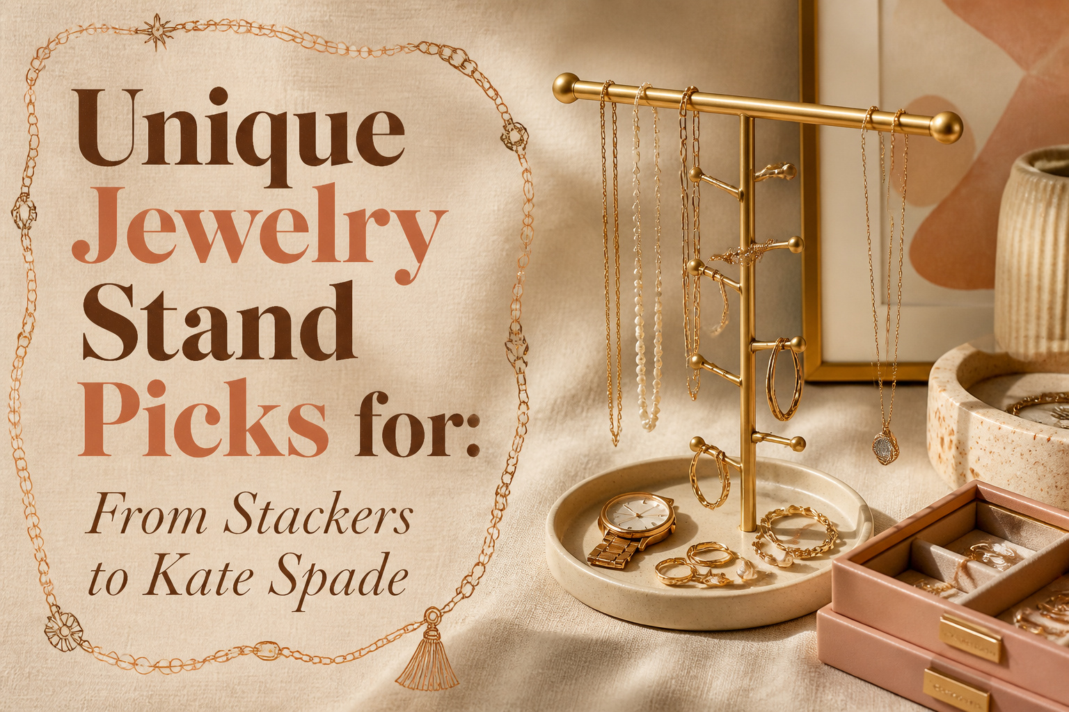 A collection of various unique jewelry stands displayed together.
