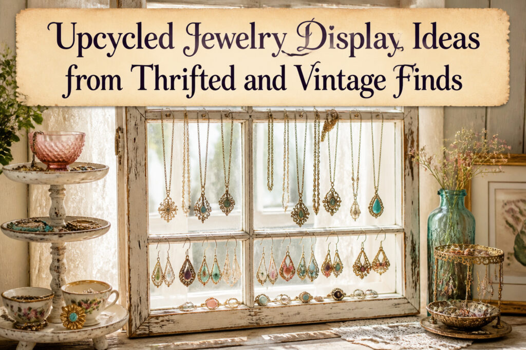 Various upcycled jewelry displays using vintage and thrifted materials.
