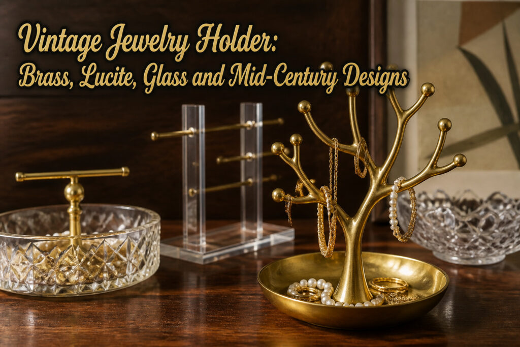 Various vintage jewelry holders including brass, Lucite, and glass designs.