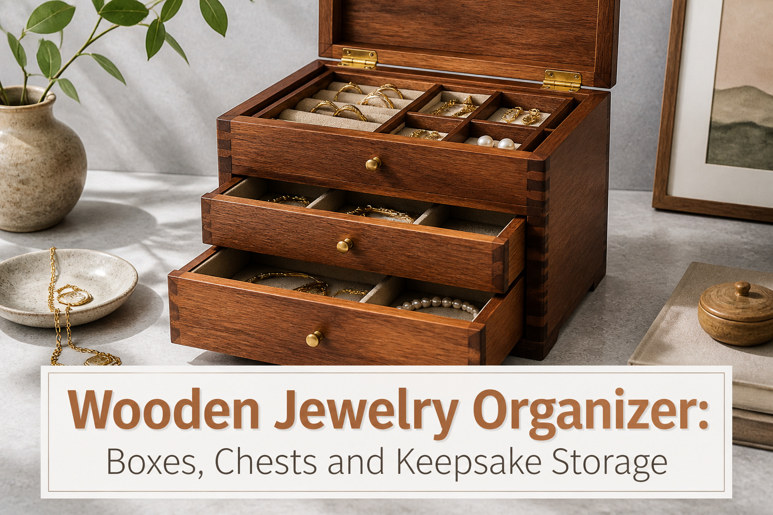 Different wooden jewelry organizers displayed with various designs and colors.
