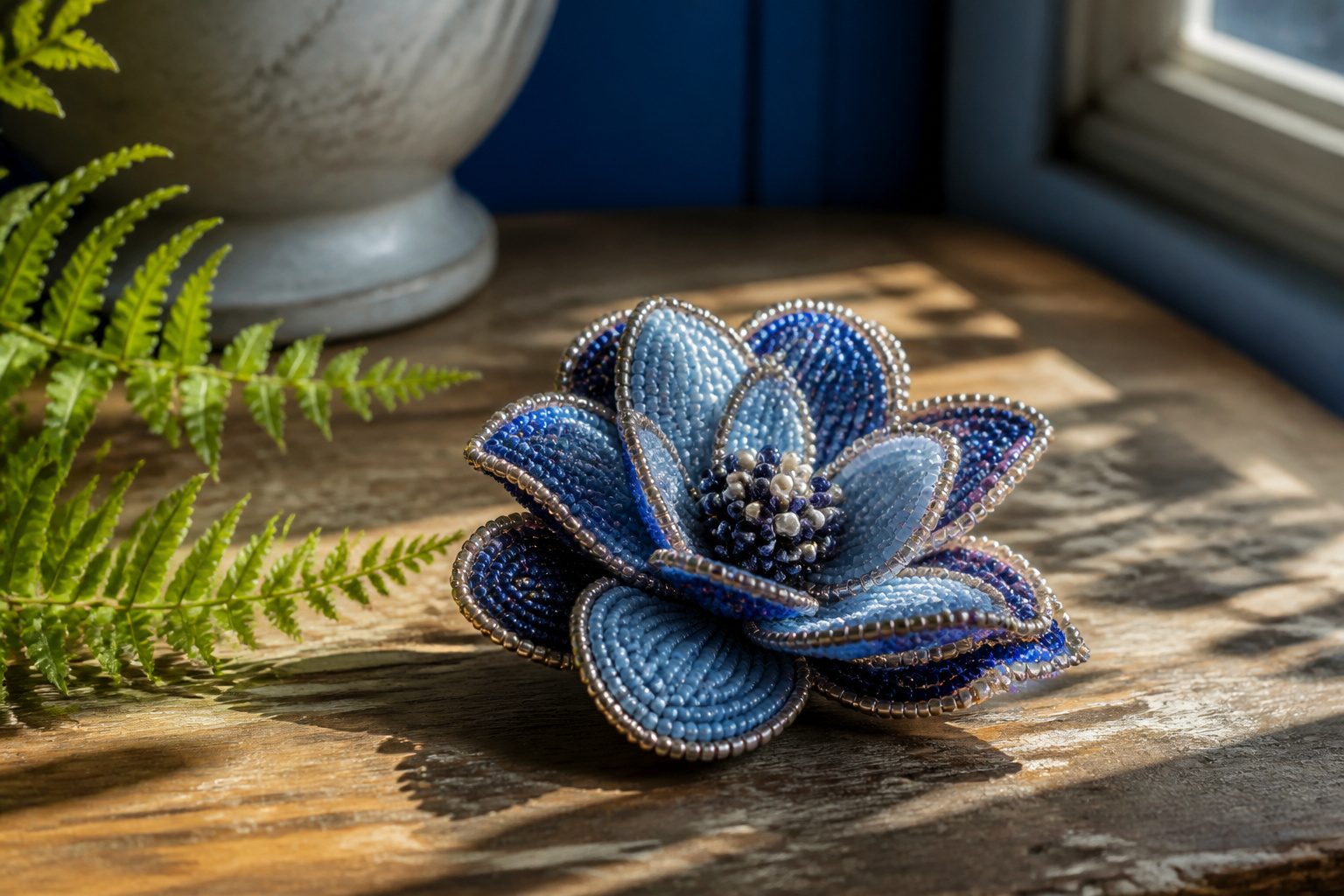 Various beaded flowers in different colors and styles arranged together.