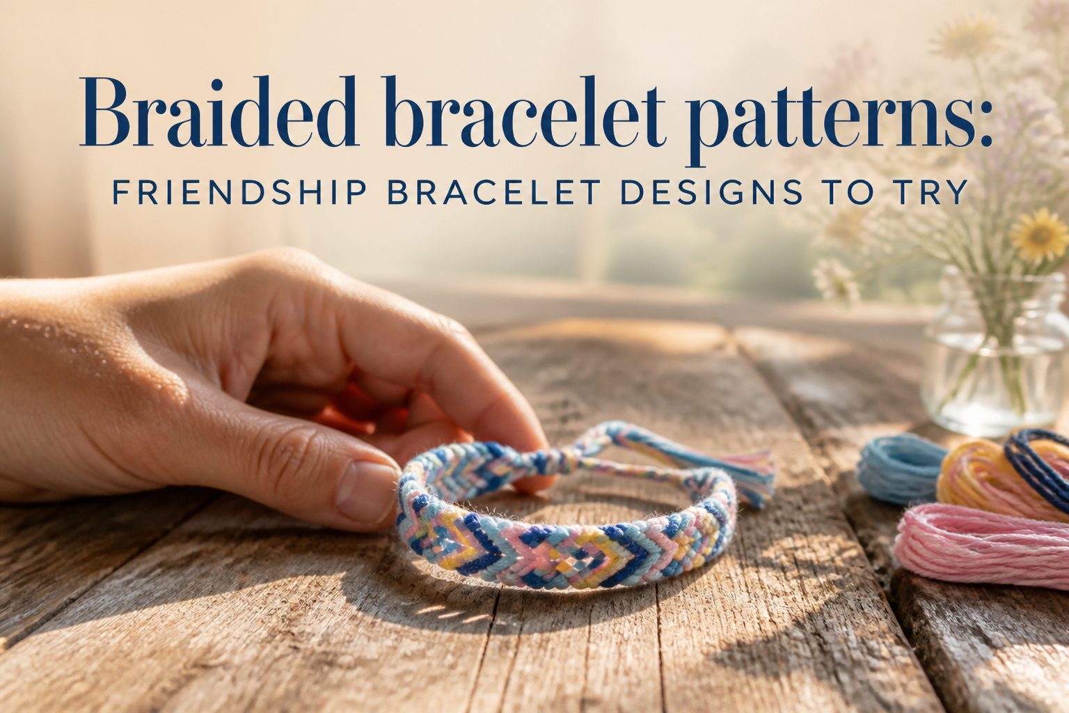 Various braided friendship bracelets displayed on a wooden background.