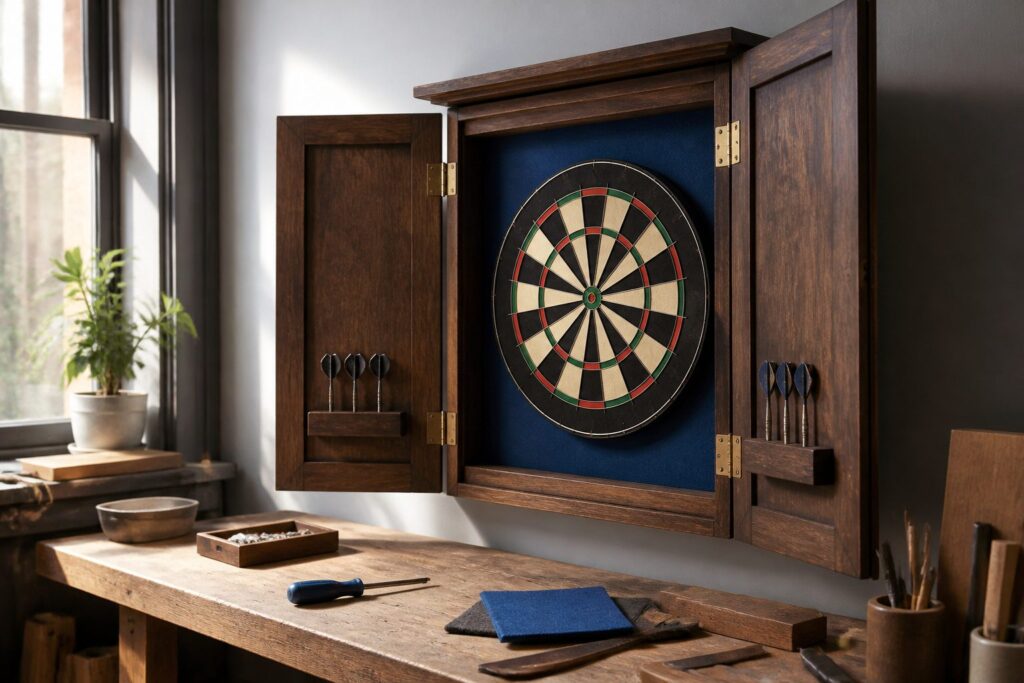 A wooden dartboard cabinet with a dartboard and darts inside.