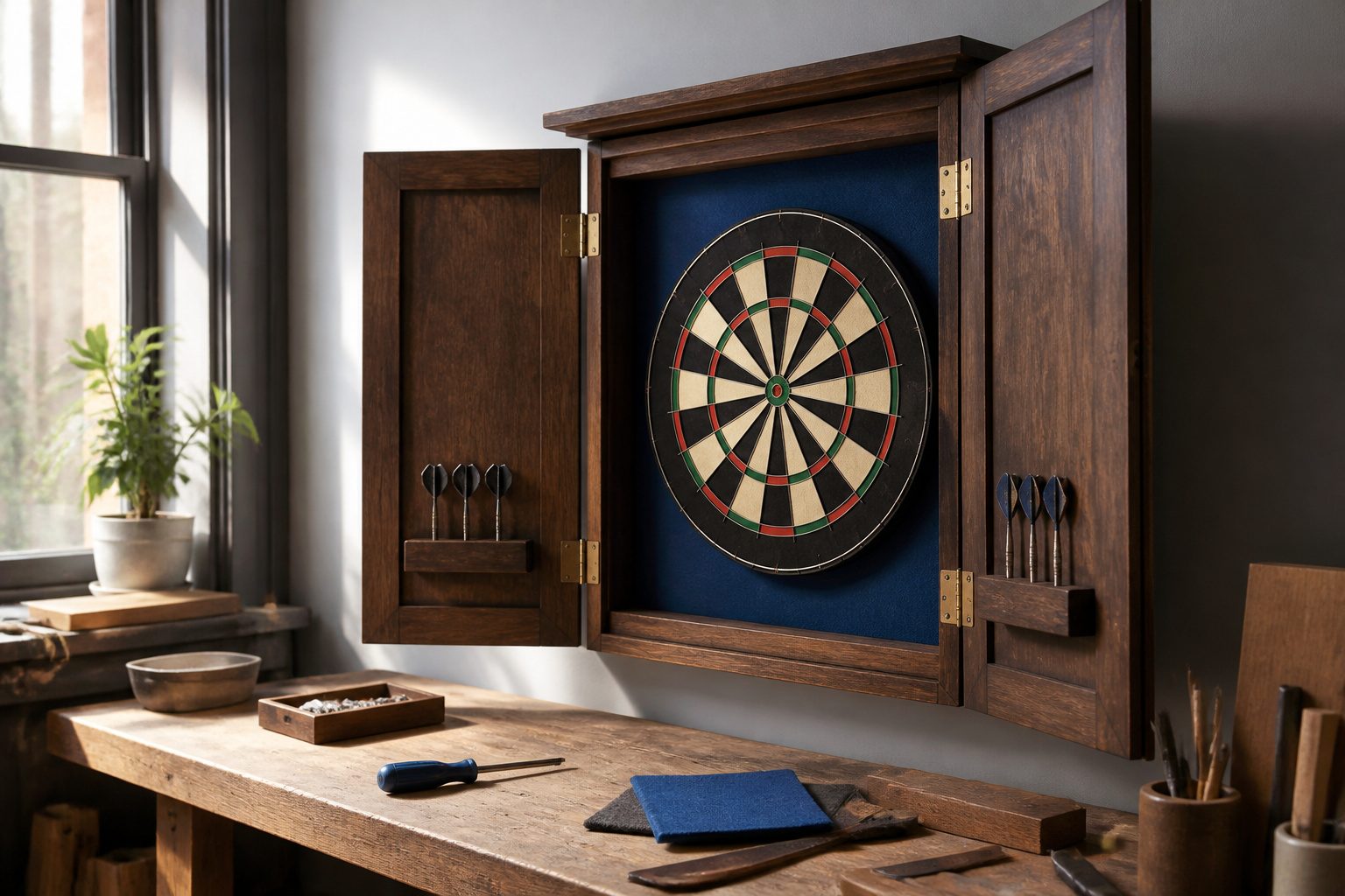 A wooden dartboard cabinet with a dartboard and darts inside.