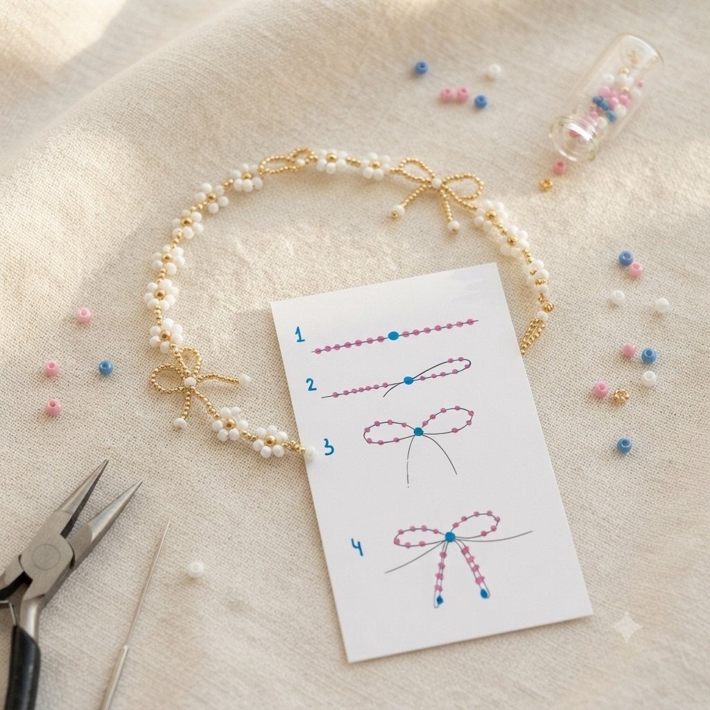 White beaded bracelet with gold bows next to a step-by-step instructional diagram.