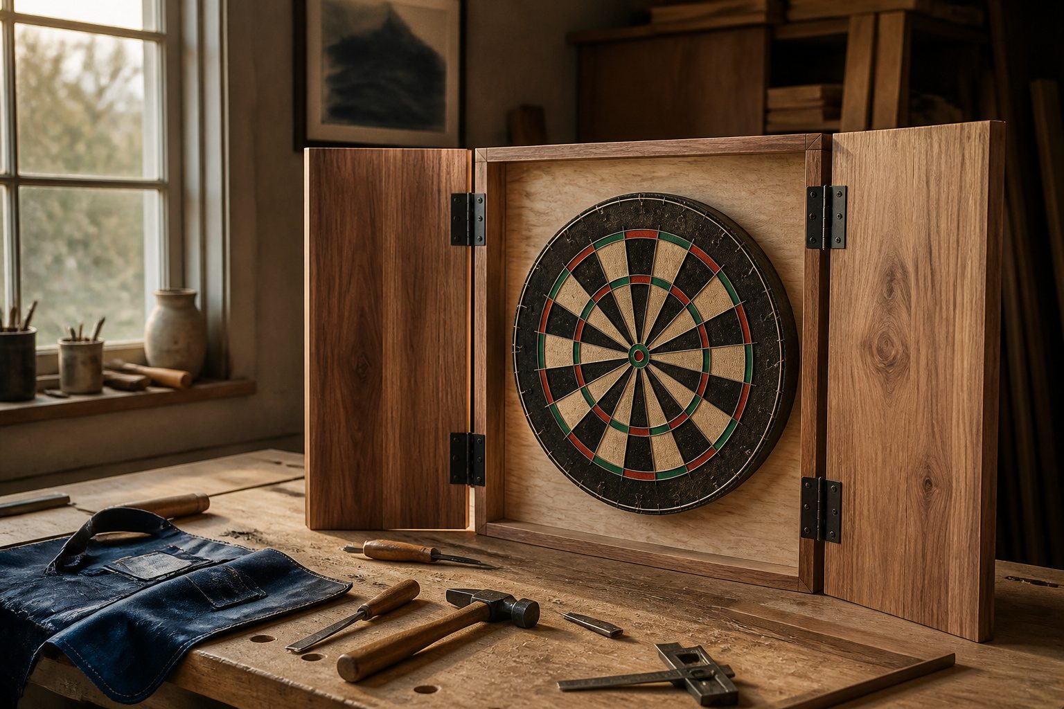 A game room with a dartboard, cabinet, and accessories arranged around.