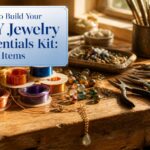 Various jewelry-making tools and materials arranged on a flat surface.