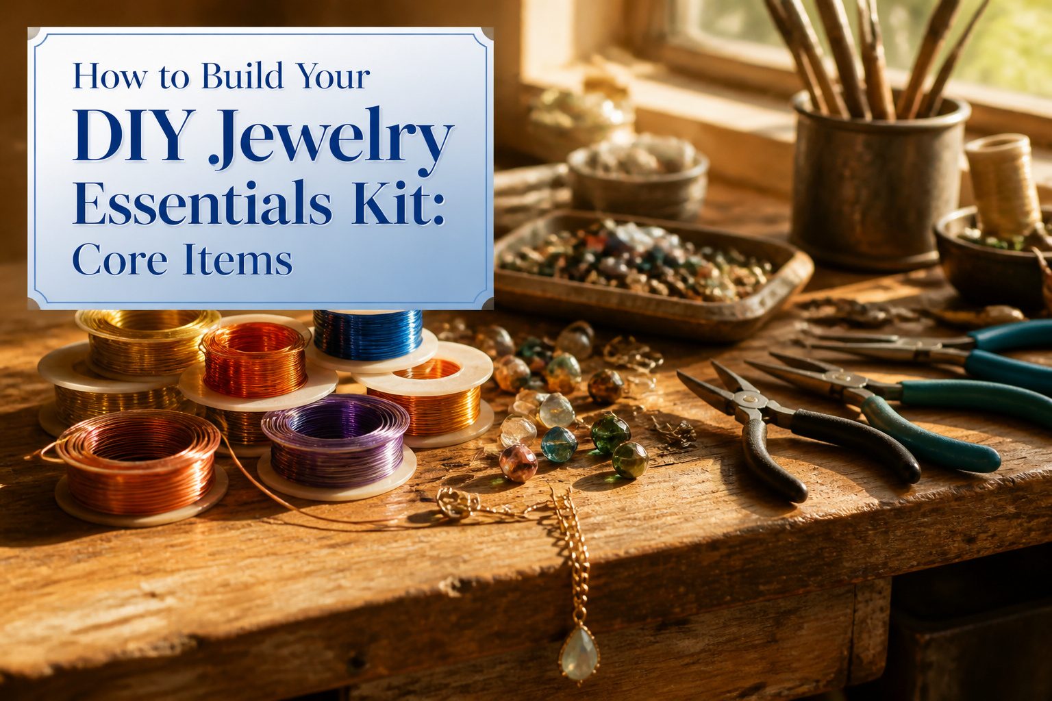 Various jewelry-making tools and materials arranged on a flat surface.