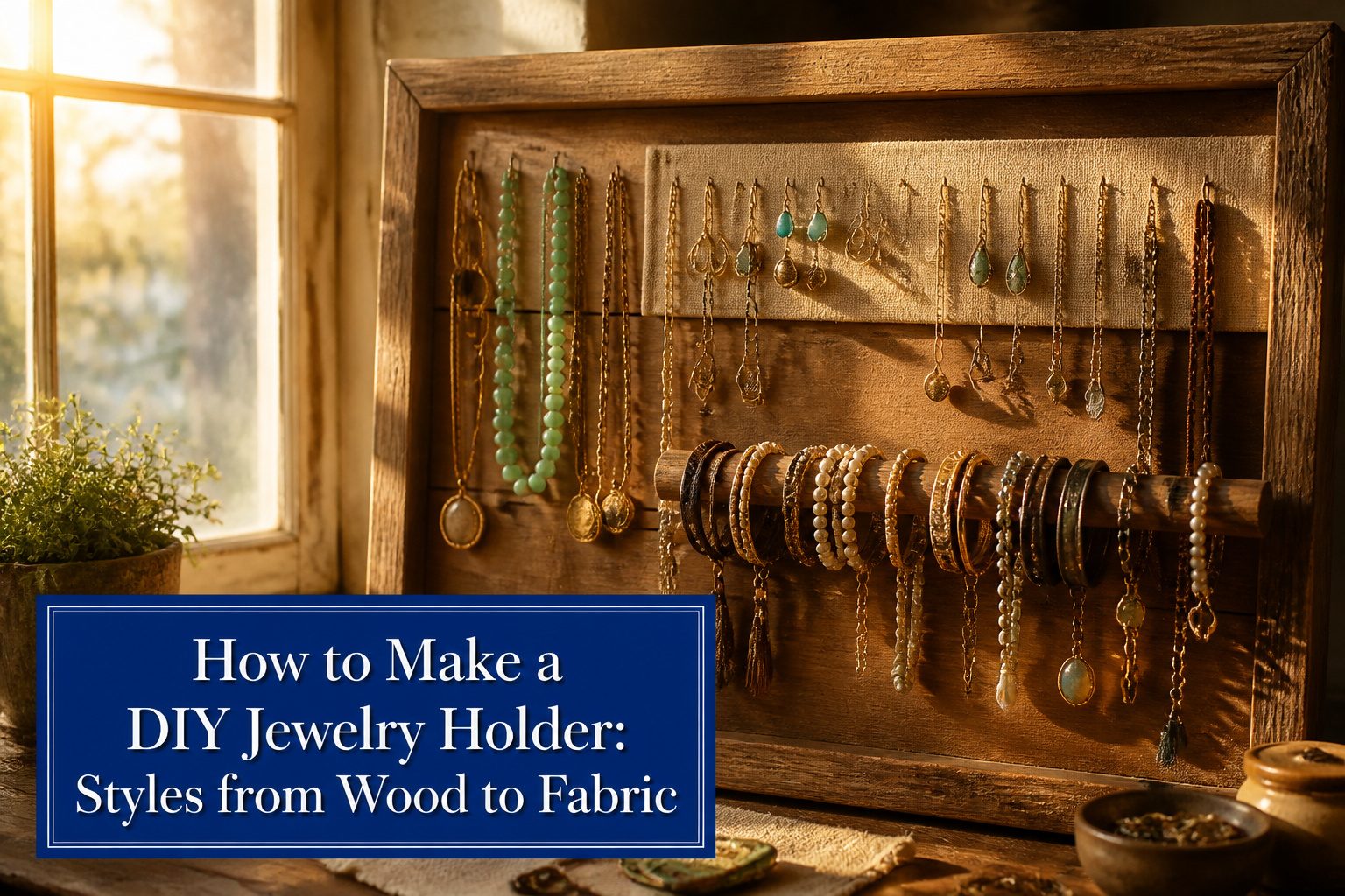 Different styles of DIY jewelry holders made from wood and fabric.